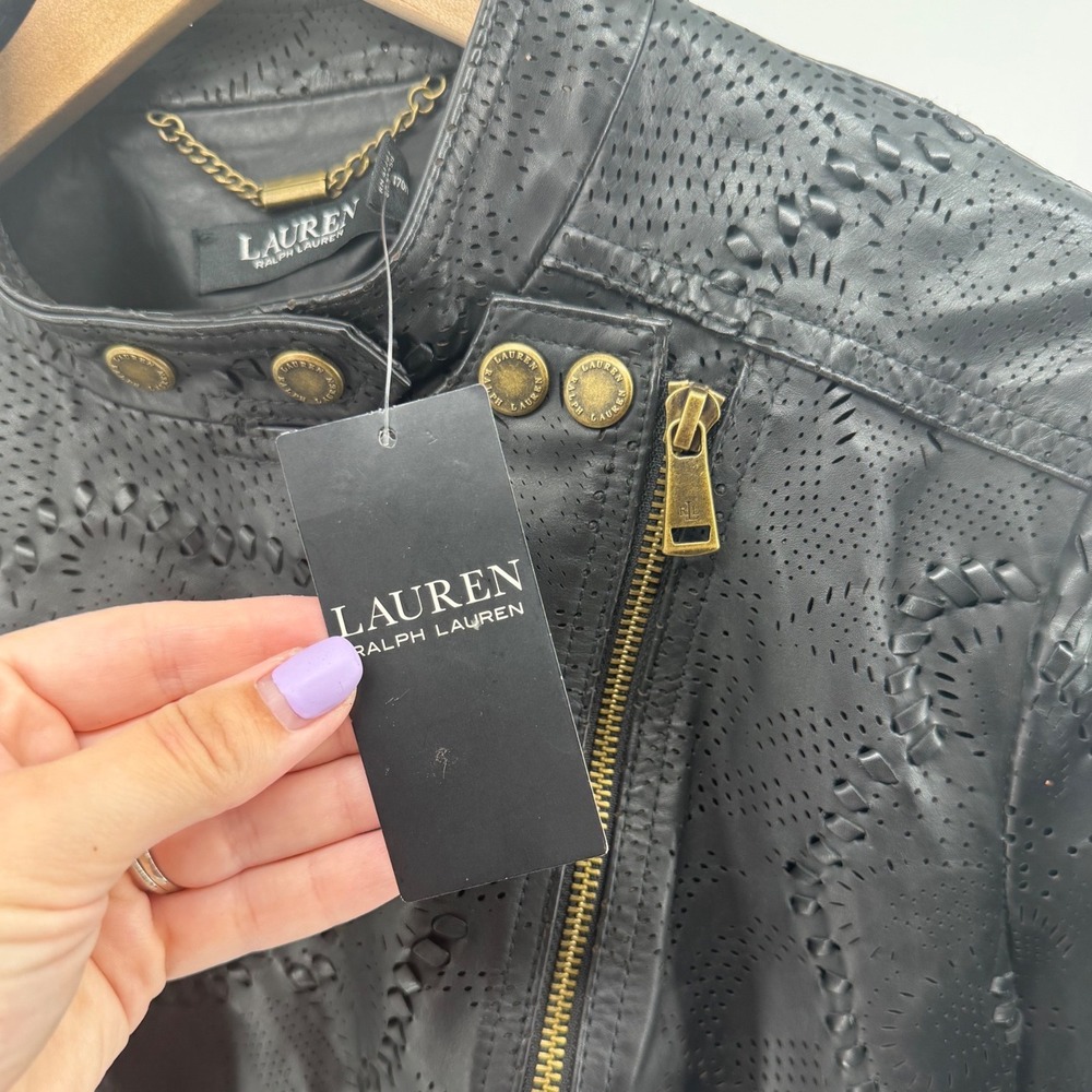 Ralph Lauren Moto Jacket NEW Women 8 Black Laser Cut Leather Biker Chic Luxury - Picture 11 of 12